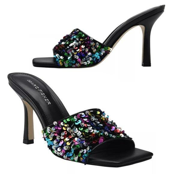 NWT Marc Fisher Danria Sequin Embellished Stiletto Heel Slip-on Dress Sandals - Picture 1 of 8